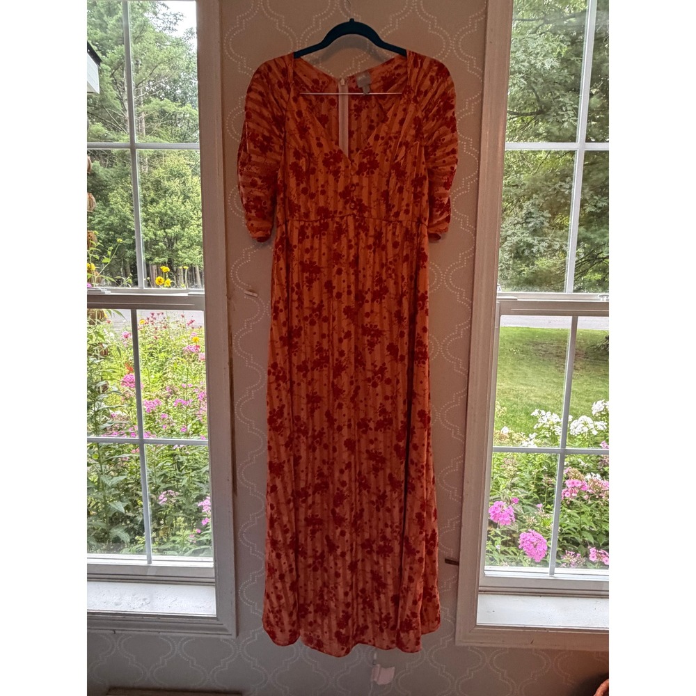 ASOS Maxi Dress Floral Burnout Stripe Puff Sleeve Orange Red Size 12 - Picture 4 of 8